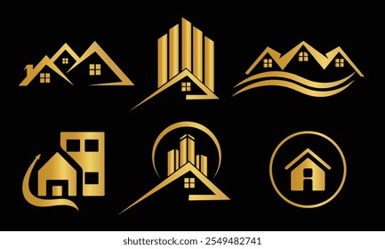 Real estate golden houses company card logo icon 