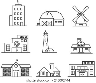 Real Estate And Government Buildings Icons In Thin Line Style