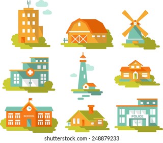 Real estate and government buildings icons in flat style