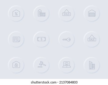 real estate gray vector icons on round rubber buttons. real estate icon set for web, mobile apps, ui design and promo business polygraphy