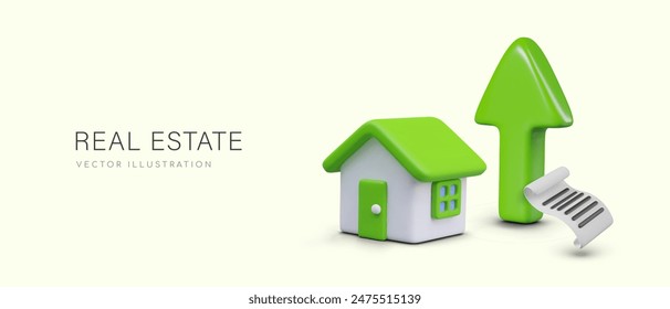 Real estate. Green arrow up, house, paper document. Services of realtor agency