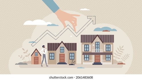 Real estate growth with market value rising for houses tiny person concept. Demand development and construction prices progress vector illustration. Residential investment as mortgage or rent business