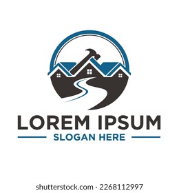 real estate with hammer and waves for construction Logo