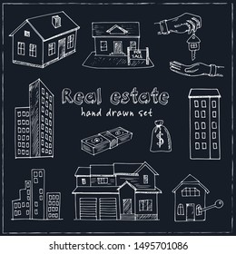 Real Estate hand drawn doodle set. Vector illustration. Isolated elements on white background. Symbol collection.