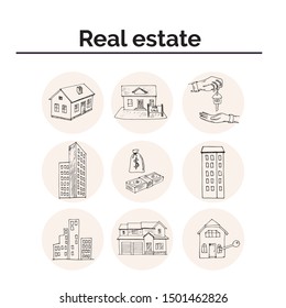 Real Estate hand drawn doodle set. Vector illustration. Isolated elements on white background. Symbol collection.