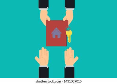 real estate. Hands delivering documents and keys from new home to owner