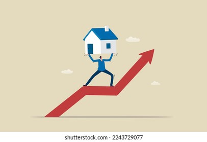 Inmobiliaria e hipotecas de alto endeudamiento. Empresario llevando una casa en el gráfico. Ilustración