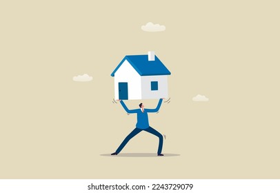 Real estate and high debt home mortgages. Businessman Carrying a House. Illustration