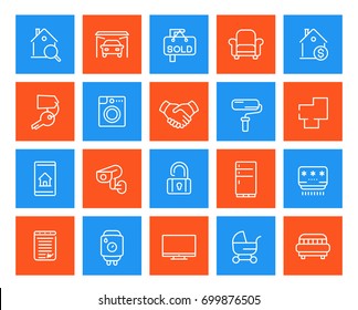 Real estate, home, apartments for rent, houses for sale line icons set