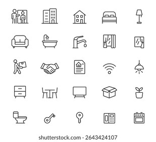 Real estate and home essentials line icons. Furniture, decor, utilities, thin stroke vector symbols collection