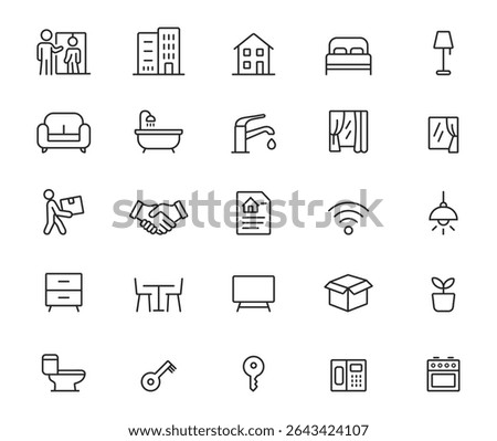 Real estate and home essentials line icons. Furniture, decor, utilities, thin stroke vector symbols collection