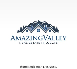 Real estate, home, house logo template with mountain background.