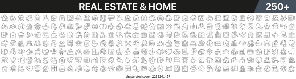 Real estate and home linear icons collection. Big set of more 250 thin line icons in black. Real estate and home black icons. Vector illustration