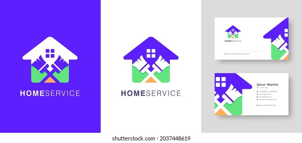 Logotipo del inmueble, Fix house o village Vector Logo Design adecuado para arquitectura, hombre de mano, bricolaje, empresa reparadora con ilustración de Vector de tarjetas de visita Premium