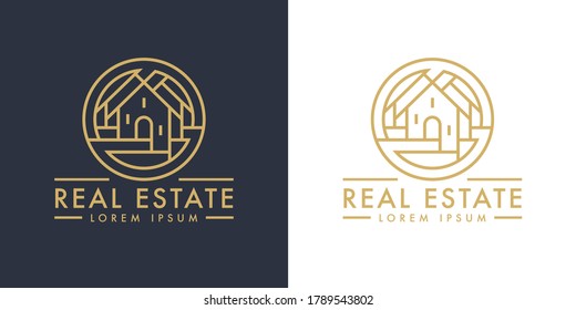 Real Estate Home Logo Line Icon. Modern Luxury Villa House Sign. Gold Residential Property Development Symbol. Concept Realty Agency Housing Company Emblem. Vector Illustration.