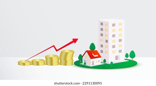 Real estate home property investment. Condominium or house on the coins golder. Housing price rising up growth finance economy with rising white graph. Financial business concept. 3D realistic Vector