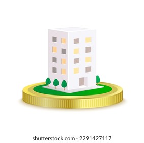 Real estate home property investment. Condominium on the coins golder isolated on white background. Housing price rising up growth finance economy. Financial business concept. 3D realistic Vector