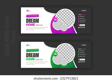 Real estate home rent sale social media cover and timeline web banner ad template bundle, purple and green 2 gradient color set design