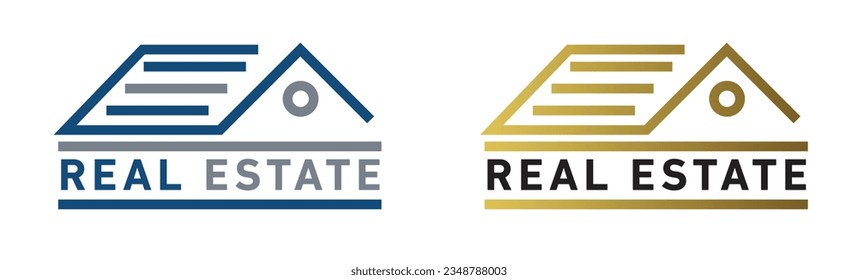 Real estate home roof vector logo set in blue and gold color. Property business modern logos. mortgage developer agency logo designs.