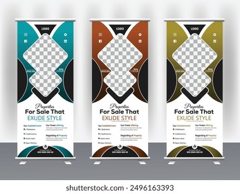 Real estate home sale roll up banner template with creative design and creative layout redy for print 3 color aditable size 31.9 x 79 inches with Bleed 1 inches	

