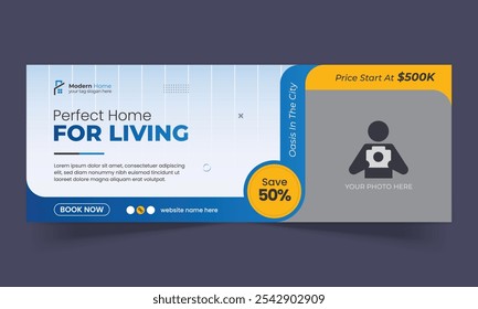 Real estate home sale social media  cover design, web banner template, horizontal timeline cover