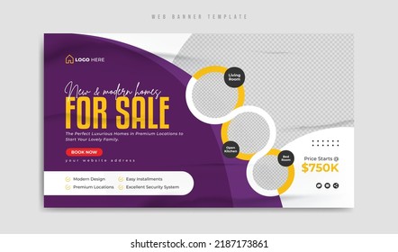 Real estate home sale web banner template. Luxury and modern house or property rent social media marketing flyer. Corporate business promotion post or poster with abstract geometric background. 