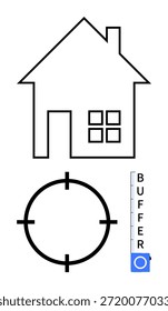 Real estate, home security, precision, stability, focus, property management. A house outline, target circle and buffer indicator. Home security and precision concepts