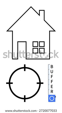 Real estate, home security, precision, stability, focus, property management. A house outline, target circle and buffer indicator. Home security and precision concepts
