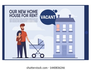 Real Estate in House Apartment Advertising Banner with Promotion Lettering Our New Home. Cartoon Happy Young Family Character with Bay in Stroller Rented Vacant Flat. Vector Tablet Screen Illustration