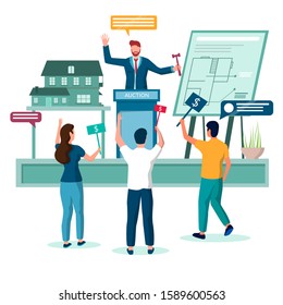 Real Estate House Auction Vector Concept Illustration. Auctioneer Calling Out Prices With Gavel In Hand, Bidders Offering Prices. Property Buying And Selling Composition For Web Banner, Website Page.