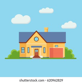 Real Estate House Building Private Property with Garage Trees and Clouds. Modern Flat Design Vector Illustration