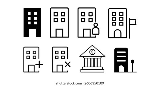 Real estate house icon set. House sign, building symbol outlined, flat black vector illustration.
