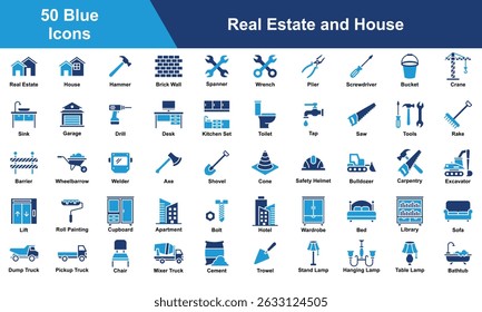 Real Estate and House Icon Set Collection. Containing Real Estate, House, Apartment, Cupboard, Wardrobe, Bed, Library, Sofa, Desk, Kitchen Set, Toilet, Hotel, Lift. Simple Blue Vector Illustration.