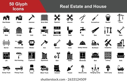 Real Estate and House Icon Set Collection. Containing Real Estate, House, Apartment, Cupboard, Wardrobe, Bed, Library, Sofa, Desk, Kitchen Set, Toilet, Hotel, Lift. Simple Glyph Vector Illustration.