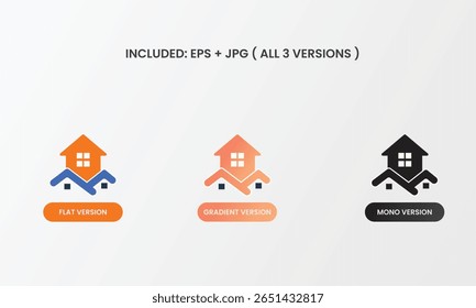 Ícone da casa imobiliária com telhados duplos, simbolizando um bairro ou comunidade habitacional. Disponível em versões monocromática, plana e gradiente para uso versátil.