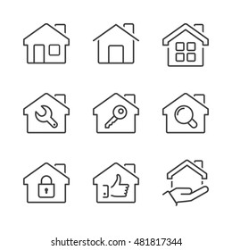 real estate house icons set, thin line, black color