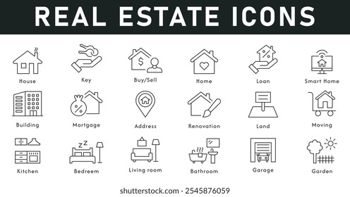 Real Estate house Icons vector illustration with thin line editable stroke containing key buy sell loan smart home building mortgage address renovation land kitchen bedroom living room