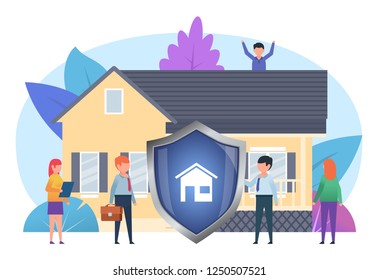 Real estate, house insurance, security concept. People stand near house, big shield. Poster for social media, web page, banner, presentation. Flat design vector illustration