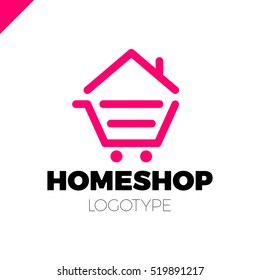 Real estate house logo icon design template elements. Shop home logotype. Home market logo. Shopping house logo pink color