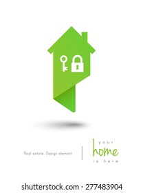Real estate house logo as map pin design with a key and lock