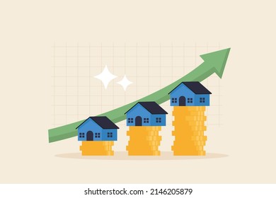 Real estate House on stack of coins. money stack. house, building, home. Arrow chart rising house prices.