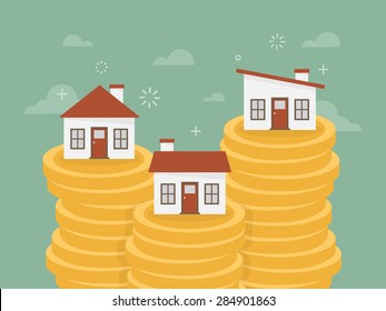 Real estate. House on stack of coins. Flat design business concept illustration.