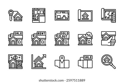 real estate house property icons. outline minimal style icon set
