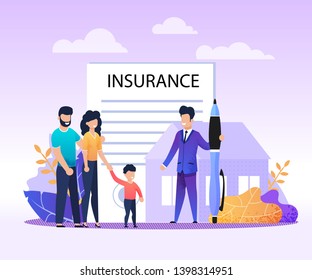 Real Estate, House, Property Insurance Services Flat Advertising Banner. Cartoon Family with Child and Agent Meeting for Making Deal and Filling Questionary. Vector Home Protection Illustration