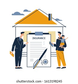 Real Estate, House, Property Insurance Services Flat Advertising Banner. Man with Child and Agent Meeting for Making Deal and Filling Questionary. Flat cartoon vector illustration on white background.