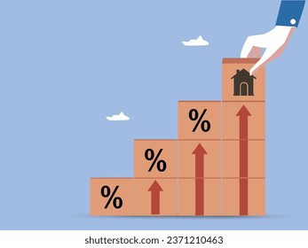 Real estate. House, property investment, asset management, Interest rates, loan mortgage, house tax. Hand holding house icon on wooden block from stack of block with percent and rise of arrow.vector.