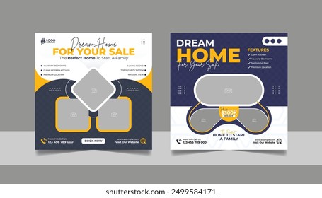 Real Estate House Property Social Media Post Set, Modern Home Furniture Sale Marketing Promotion Design, Square Flyer Web Banner Template.