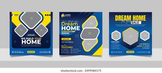 Real Estate House Property Social Media Post Set, Modern Home Furniture Sale Marketing Promotion Design, Square Flyer Web Banner Template.