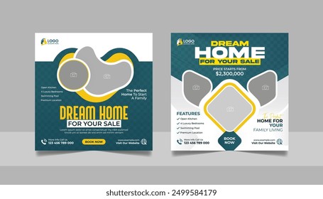 Real Estate House Property Social Media Post Set, Modern Home Furniture Sale Marketing Promotion Design, Square Flyer Web Banner Template.