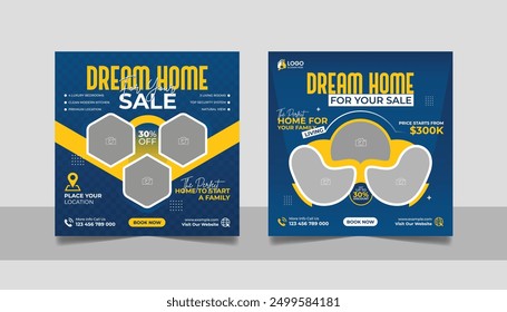 Real Estate House Property Social Media Post Set, Modern Home Furniture Sale Marketing Promotion Design, Square Flyer Web Banner Template.